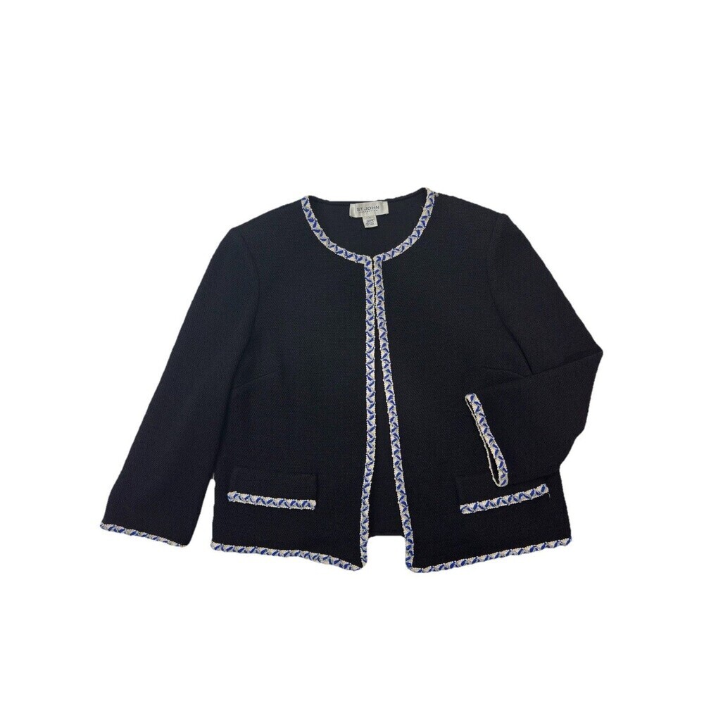 St. John Collection Wool Blend Knit Jacket Blazer Black Blue Trim 8 Open Front - Picture 3 of 9